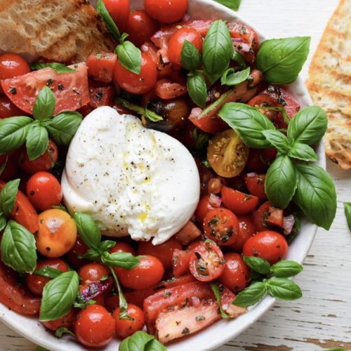 burrata and tomato summer salad on a white dish